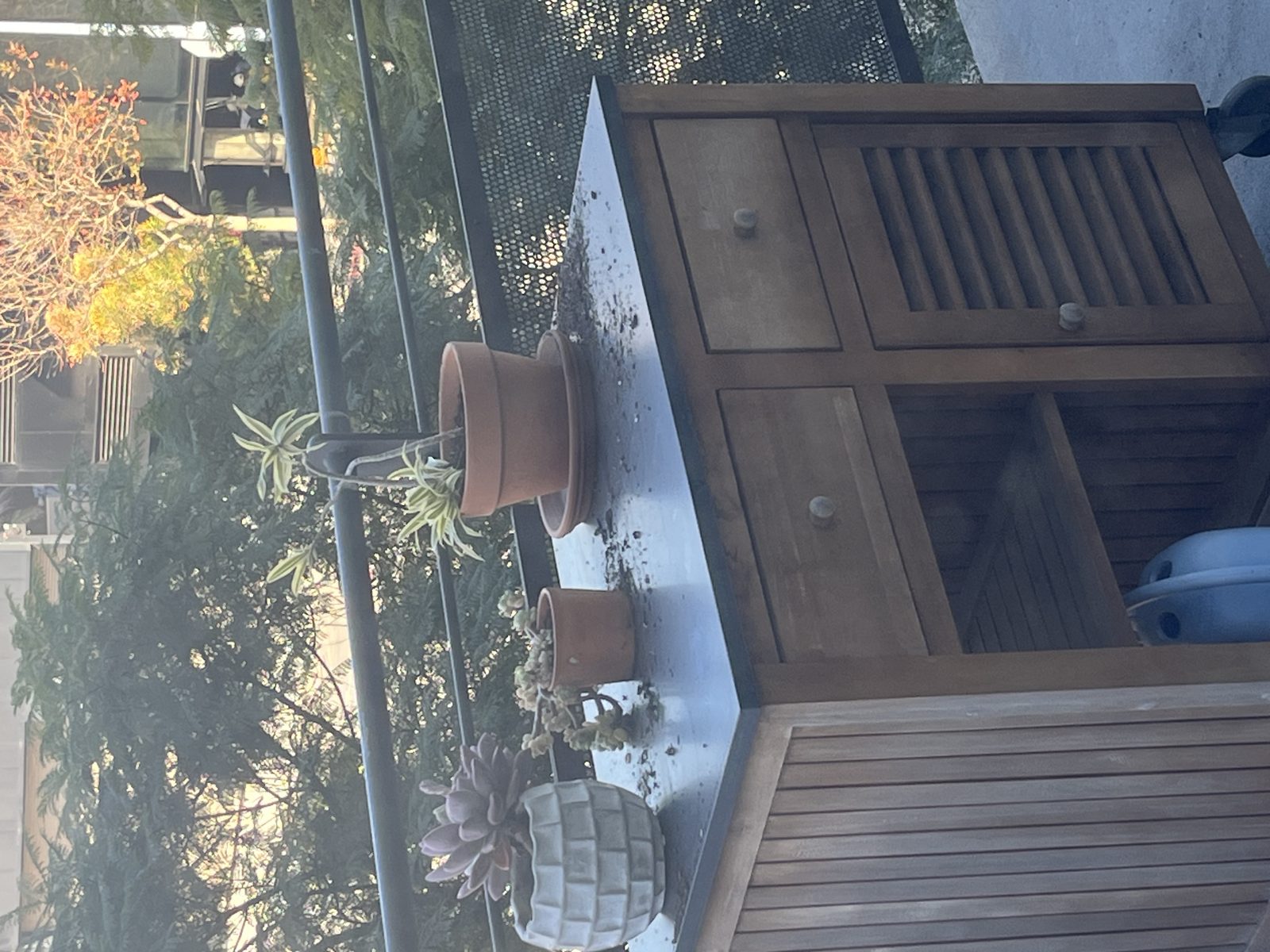 Balcony pots with soil scattered after crows dug through them